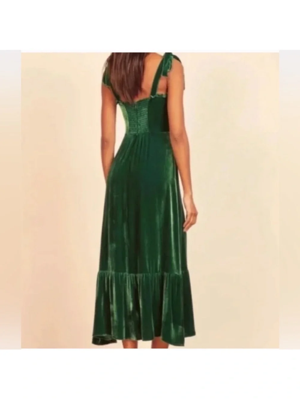 Reformation Emerald Velvet Tie-Strap Ruffle Midi Dress USA M 6